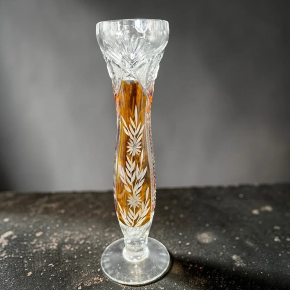 Vintage Bohemian Glass Amber‎ Cut to Clear Crystal Bud Vase Floral Wheat Pattern